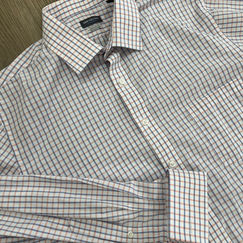 Van Heusen Dress Shirt Men’s 16-16.5 34/35 Wrinkle Free Orange and Blue Check